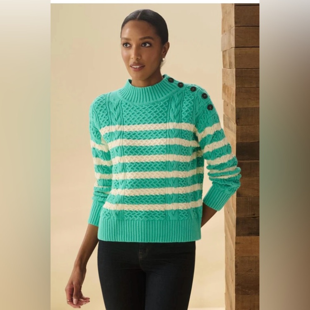 NWT Hatley button neck cable knit turquoise striped cotton cashmere sweater S/P